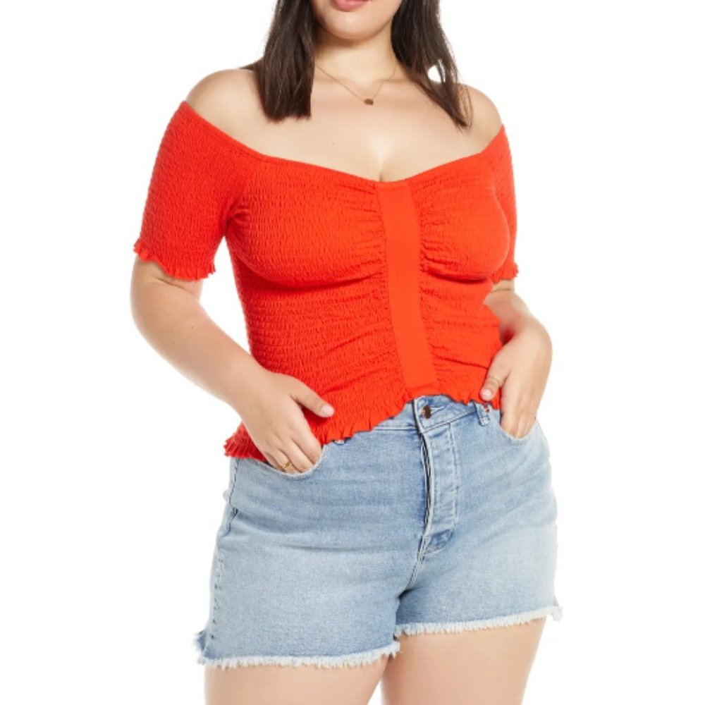 NEW BP. Off the Shoulder Smocked Cropped Shirt